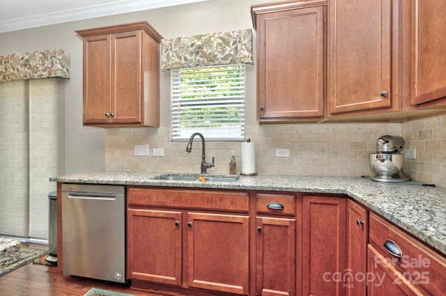 14837 Dungannon Ct, Charlotte, NC 28278 - kitchen featuring a sink, crown molding, dark wood finished floors, backsplash, and stainless steel dishwasher