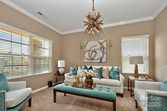14837 Dungannon Ct, Charlotte, NC 28278 - living room featuring carpet floors, baseboards, and crown molding