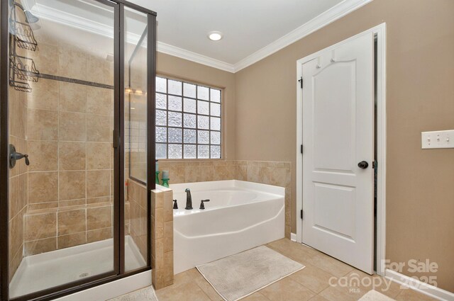 14837 Dungannon Ct, Charlotte, NC 28278 - full bath with a stall shower, tile patterned floors, a bath, and ornamental molding