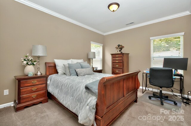 14837 Dungannon Ct, Charlotte, NC 28278 - bedroom with light carpet, ornamental molding, baseboards, and an office area