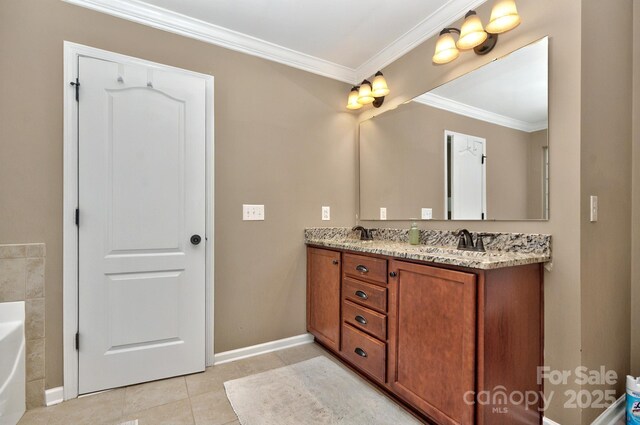 14837 Dungannon Ct, Charlotte, NC 28278 - full bath featuring baseboards, crown molding, double vanity, a tub, and tile patterned flooring
