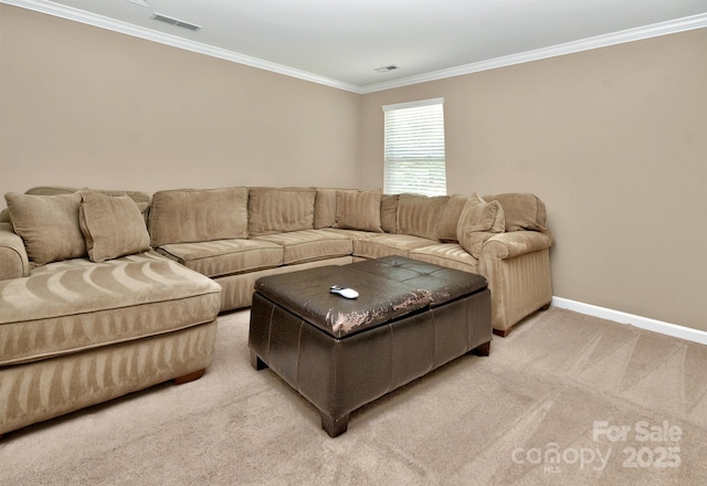 14837 Dungannon Ct, Charlotte, NC 28278 - living room featuring light carpet, ornamental molding, and baseboards
