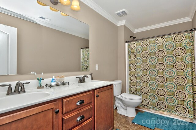 14837 Dungannon Ct, Charlotte, NC 28278 - full bathroom featuring crown molding, toilet, double vanity, tile patterned floors, and a shower with shower curtain