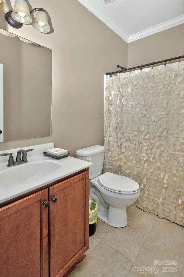 14837 Dungannon Ct, Charlotte, NC 28278 - full bath featuring ornamental molding, vanity, tile patterned floors, toilet, and a shower with shower curtain