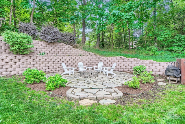 view of yard featuring a patio area and a fire pit