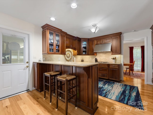 17501 Youngblood Rd, Charlotte, NC 28278 - bar area featuring under cabinet range hood, stainless steel gas cooktop, light wood-type flooring, backsplash, and recessed lighting
