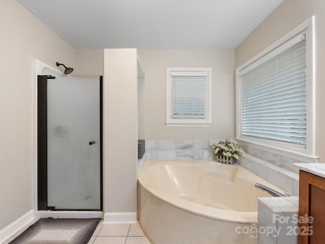 17501 Youngblood Rd, Charlotte, NC 28278 - bathroom featuring a stall shower, tile patterned flooring, a bath, and vanity