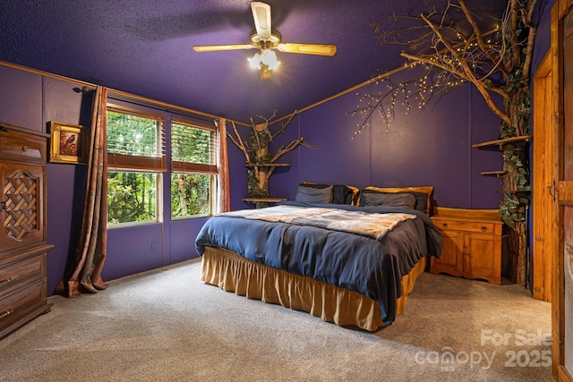 15 Robin Ln, Asheville, NC 28806 - carpeted bedroom featuring vaulted ceiling, a textured ceiling, and ceiling fan
