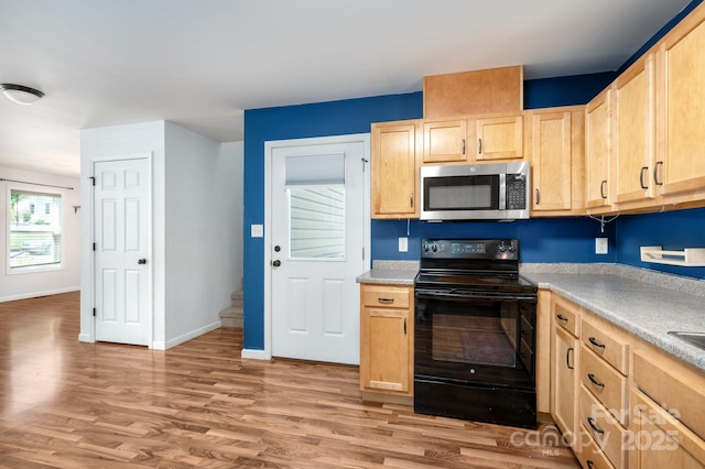 92 Le-An-Hurst Rd, Asheville, NC 28803 - kitchen featuring stainless steel microwave, black range with electric cooktop, light brown cabinetry, light wood-style floors, and light countertops
