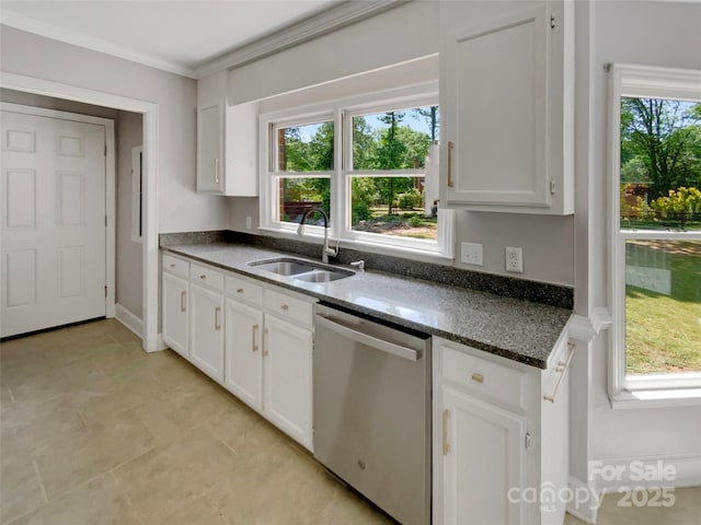 kitchen featuring white cabinetry, ornamental molding, a sink, and dishwasher