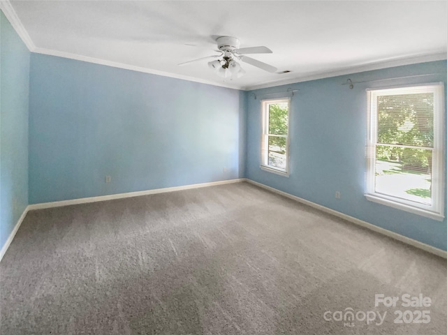 carpeted spare room featuring baseboards, ceiling fan, and crown molding