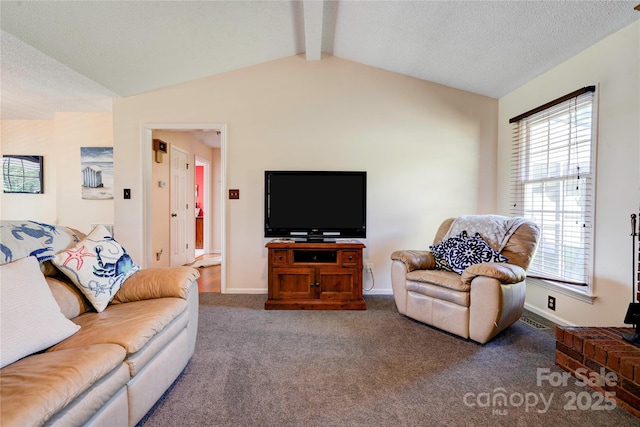 carpeted living room featuring visible vents, baseboards, plenty of natural light, and vaulted ceiling with beams