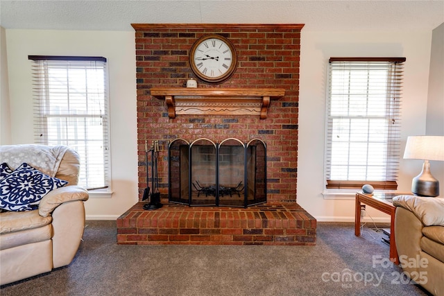 living room with baseboards, a brick fireplace, and carpet