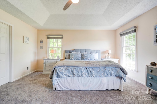 bedroom featuring a tray ceiling, carpet floors, a ceiling fan, and multiple windows