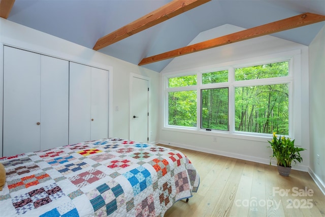 bedroom with light wood-style floors, baseboards, and a closet