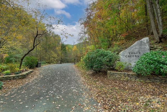 view of asphalt driveway featuring a wooded view
