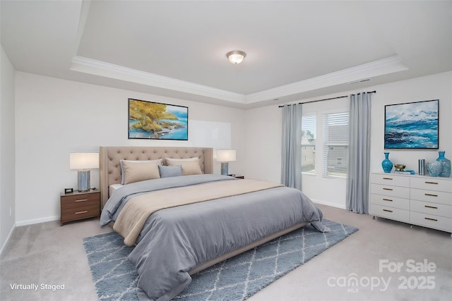 2021 Boynton St, Charlotte, NC 28269 - bedroom with a raised ceiling, light carpet, crown molding, and baseboards