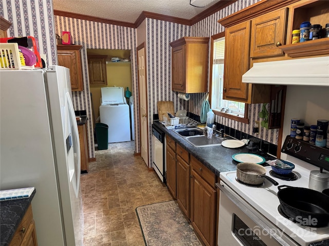 kitchen with white fridge with ice dispenser, ornamental molding, electric stove, and wallpapered walls