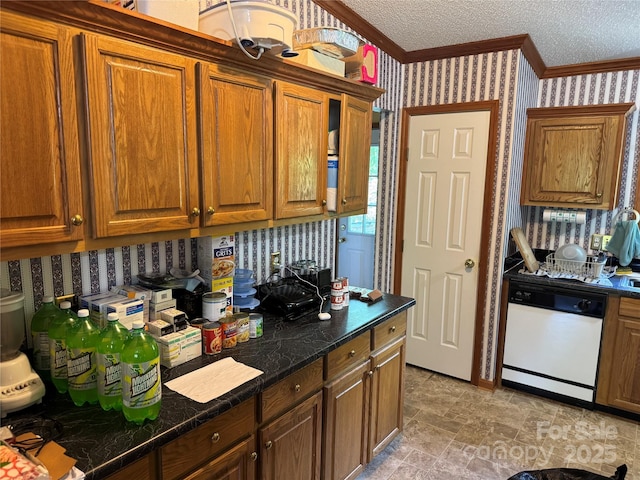 kitchen with white dishwasher, ornamental molding, brown cabinets, and wallpapered walls