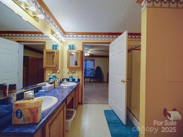 bathroom with a shower stall, a textured ceiling, double vanity, and a sink