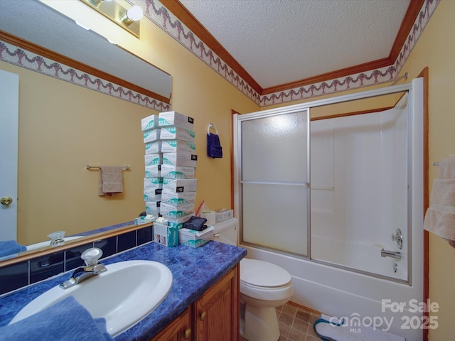 bathroom with toilet, enclosed tub / shower combo, a textured ceiling, tile patterned flooring, and vanity