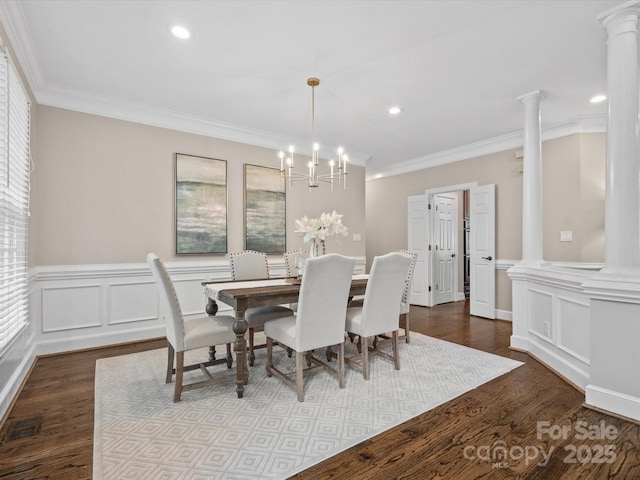 13029 Whisper Creek Dr, Charlotte, NC 28277 - dining room with decorative columns, crown molding, plenty of natural light, recessed lighting, and a chandelier