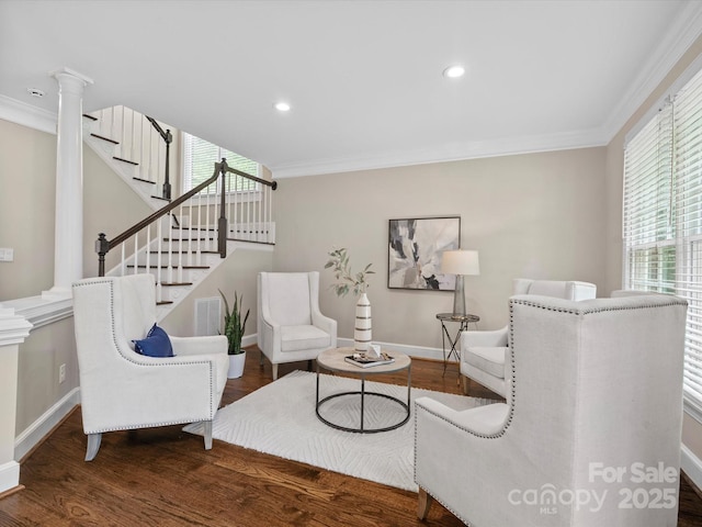 13029 Whisper Creek Dr, Charlotte, NC 28277 - living room featuring crown molding, baseboards, wood finished floors, stairway, and recessed lighting