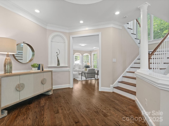 13029 Whisper Creek Dr, Charlotte, NC 28277 - entryway featuring wood finished floors, baseboards, stairway, ornamental molding, and recessed lighting
