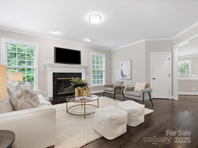 13029 Whisper Creek Dr, Charlotte, NC 28277 - living area featuring ornamental molding, dark wood-style floors, baseboards, and a high end fireplace