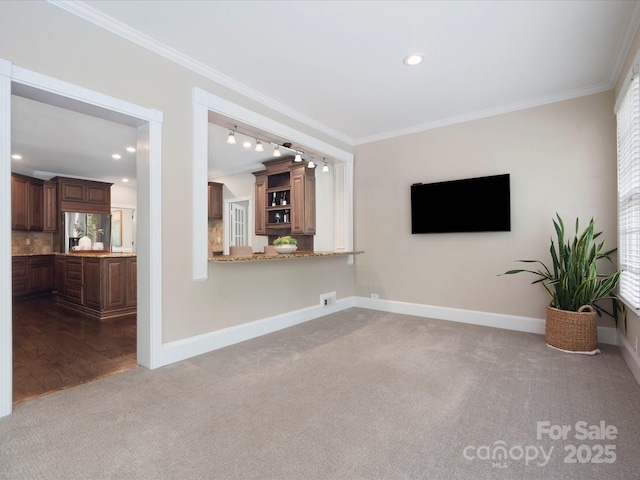 13029 Whisper Creek Dr, Charlotte, NC 28277 - unfurnished living room with dark colored carpet, crown molding, baseboards, rail lighting, and recessed lighting