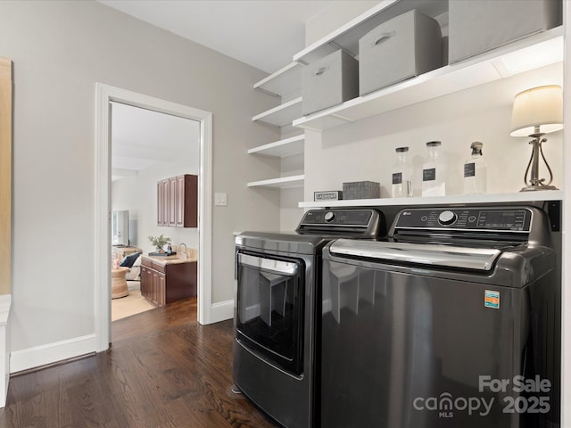 13029 Whisper Creek Dr, Charlotte, NC 28277 - laundry area with independent washer and dryer, dark wood-style floors, and baseboards