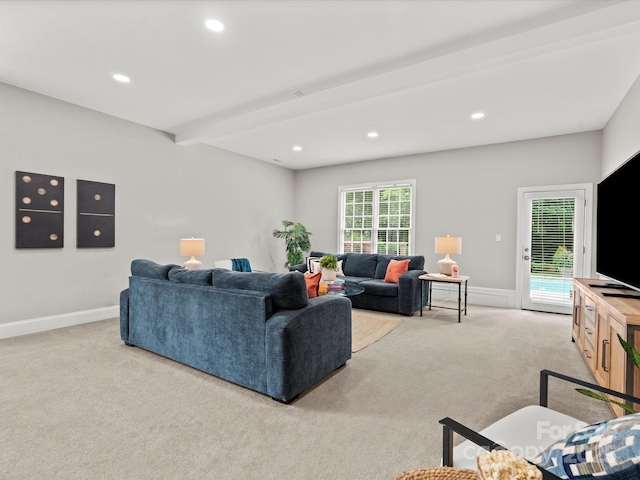 13029 Whisper Creek Dr, Charlotte, NC 28277 - living area featuring light colored carpet, beamed ceiling, recessed lighting, and baseboards