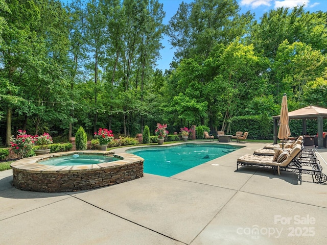 13029 Whisper Creek Dr, Charlotte, NC 28277 - outdoor pool with a patio, a gazebo, an in-ground hot tub, and view of wooded area