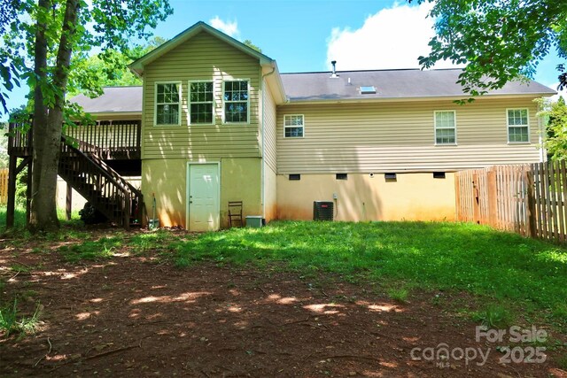 back of house with central AC unit, stairway, fence, and a wooden deck