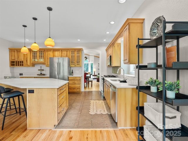 33 Village Pointe Ln, Asheville, NC 28803 - kitchen featuring appliances with stainless steel finishes, recessed lighting, arched walkways, glass insert cabinets, and light countertops