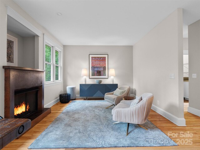 33 Village Pointe Ln, Asheville, NC 28803 - living room with a warm lit fireplace, baseboards, and light wood-type flooring