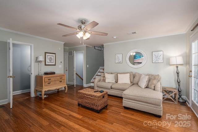 319 Beacon Hills Dr, Gastonia, NC 28056 - living room featuring wood finished floors, a ceiling fan, stairway, baseboards, and crown molding