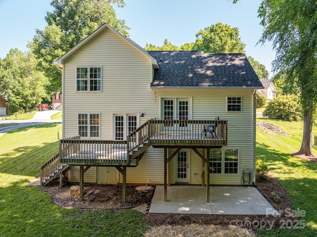 319 Beacon Hills Dr, Gastonia, NC 28056 - rear view of house featuring stairs, a wooden deck, a yard, a patio area, and a shingled roof