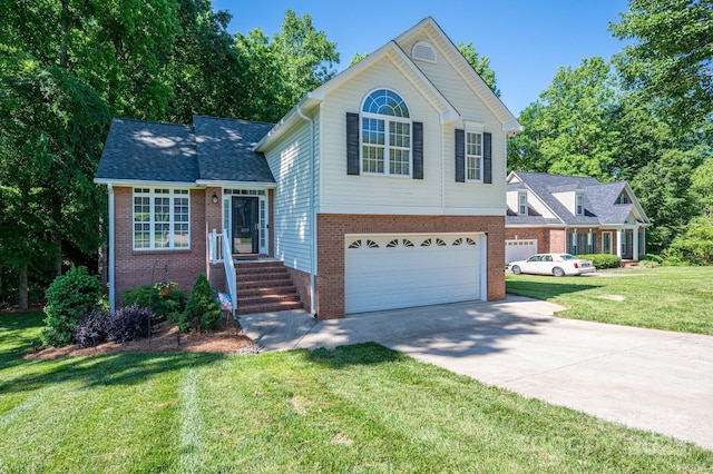 319 Beacon Hills Dr, Gastonia, NC 28056 - split level home with brick siding, driveway, an attached garage, and a front lawn