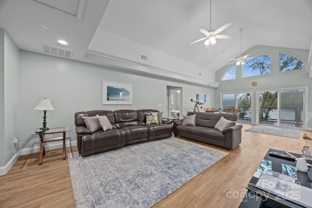1077 Jackson Rd, Fort Lawn, SC 29714 - living room featuring ceiling fan, attic access, wood finished floors, high vaulted ceiling, and baseboards