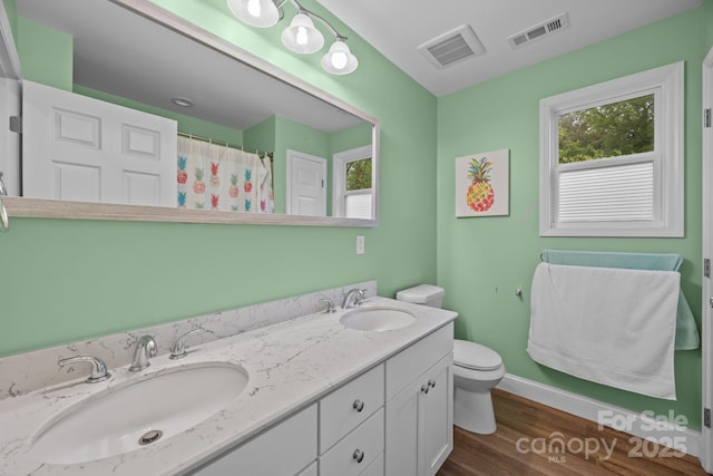 1077 Jackson Rd, Fort Lawn, SC 29714 - full bath featuring plenty of natural light, toilet, wood finished floors, and double vanity