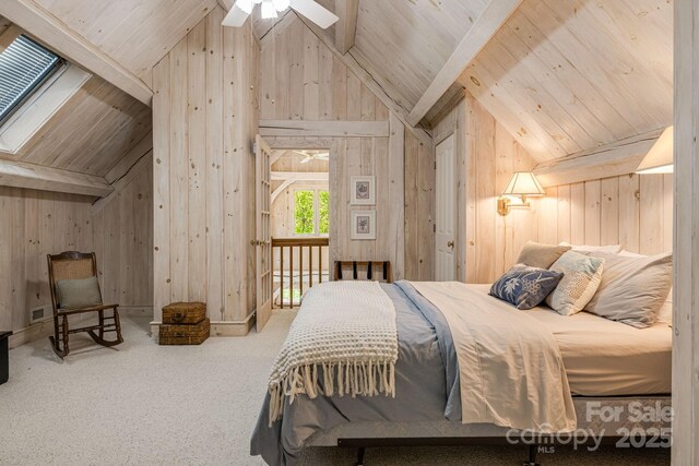 bedroom with wood walls, carpet floors, wood ceiling, and ceiling fan