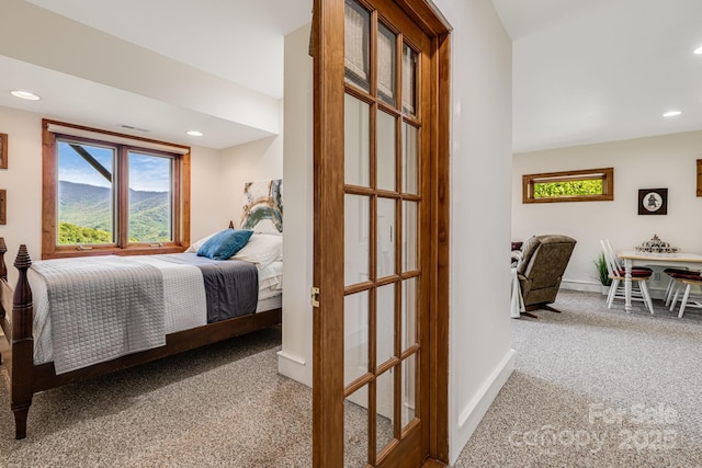 bedroom featuring carpet floors, recessed lighting, and baseboards