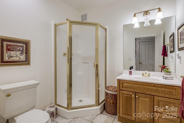 bathroom featuring tile patterned floors, a shower stall, toilet, and vanity