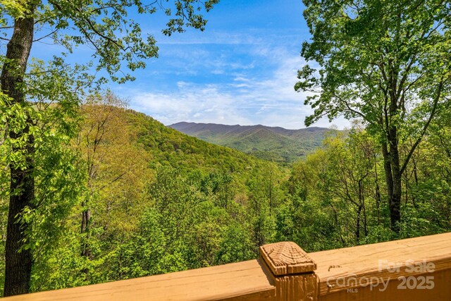 view of mountain background with a heavily wooded area