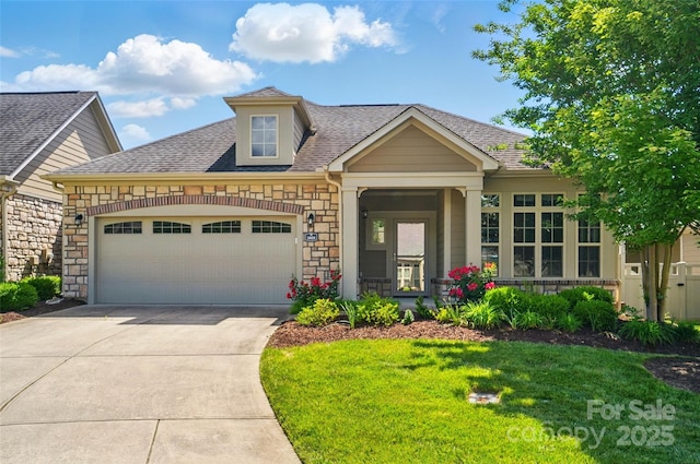 5028 Polo Gate Blvd, Charlotte, NC 28216 - view of front of home with stone siding, a garage, concrete driveway, a front yard, and roof with shingles