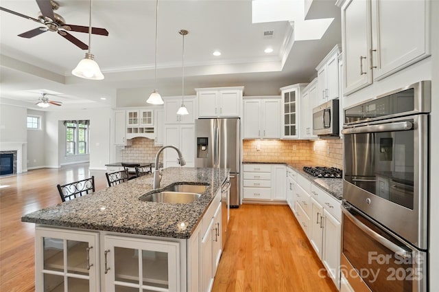 5028 Polo Gate Blvd, Charlotte, NC 28216 - kitchen featuring a sink, a tray ceiling, ceiling fan, stainless steel appliances, and light wood finished floors