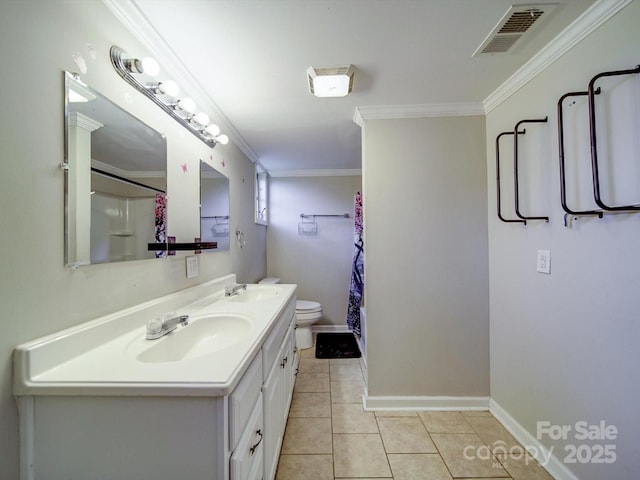 363 Sowers Rd, Linwood, NC 27299 - bathroom featuring double vanity, toilet, tile patterned floors, crown molding, and a shower with shower curtain