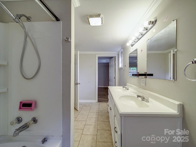 363 Sowers Rd, Linwood, NC 27299 - bathroom with double vanity, shower / washtub combination, tile patterned floors, and baseboards