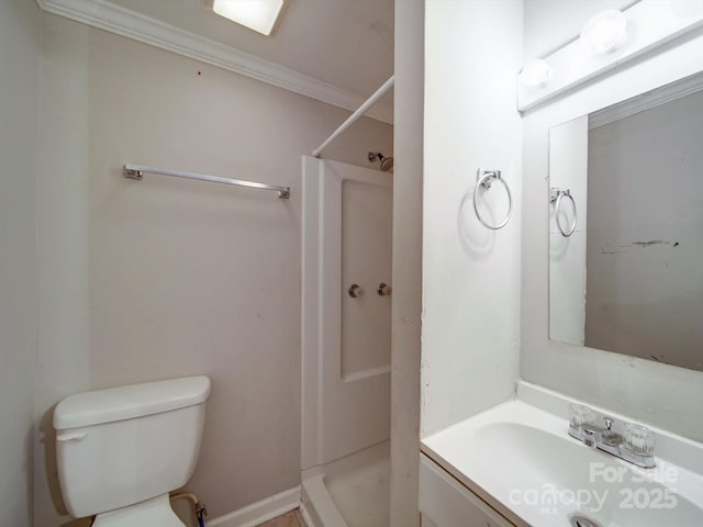 363 Sowers Rd, Linwood, NC 27299 - full bath featuring a shower stall, vanity, toilet, ornamental molding, and baseboards